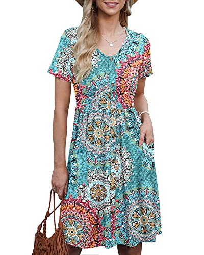 AUSELILY Kleider für Damen Rundhalsausschnitt Kurzarm A Linie Kleider Casual Loose Swing Sommerkleid mit Taschen Print Grün 2XL von AUSELILY