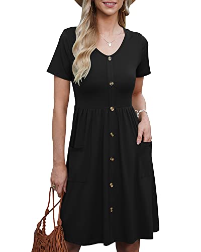 AUSELILY Damen Sommerkleider Schwarz Kurzarm Knielanges Kleid Lässig Rundhalsausschnitt A Line Kleider mit Taschen XL von AUSELILY