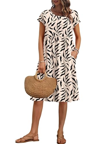 AUSELILY Damen Kurzarm Knielange Sommerkleider Sommer Lockeres Freizeitkleider Empire Kleider mit Taschen Aprikosens-chwarzes Blatt XXL von AUSELILY