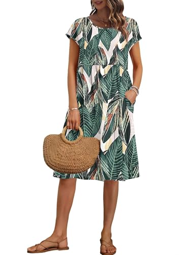 AUSELILY Damen Kurzarm Knielange Sommerkleider Sommer Lockeres Freizeitkleider Empire Kleider mit Taschen Blattdruck M von AUSELILY