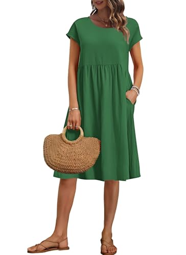 AUSELILY Damen Kurzarm Knielange Sommerkleider Sommer Lockeres Freizeitkleider Empire Kleider mit Taschen Dunkelgrün L von AUSELILY