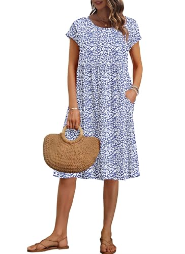 AUSELILY Damen Kurzarm Knielange Sommerkleider Sommer Lockeres Freizeitkleider Empire Kleider mit Taschen Kleine Blaue Blumen XL von AUSELILY