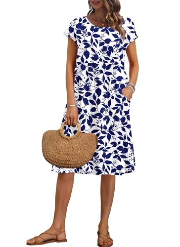 AUSELILY Damen Kurzarm Knielange Sommerkleider Sommer Lockeres Freizeitkleider Empire Kleider mit Taschen Marineblaue Blätter M von AUSELILY