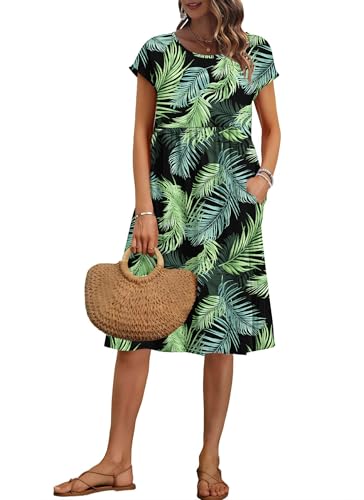 AUSELILY Damen Kurzarm Knielange Sommerkleider Sommer Lockeres Freizeitkleider Empire Kleider mit Taschen Schwarz-grüne Blätter L von AUSELILY