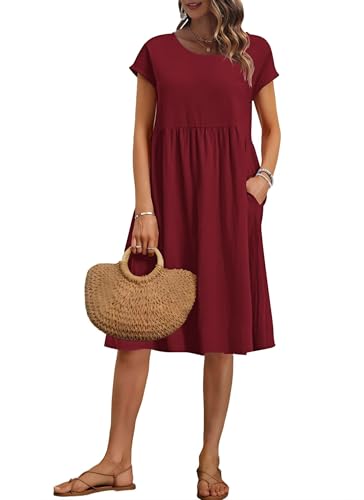 AUSELILY Damen Kurzarm Knielange Sommerkleider Sommer Lockeres Freizeitkleider Empire Kleider mit Taschen von AUSELILY