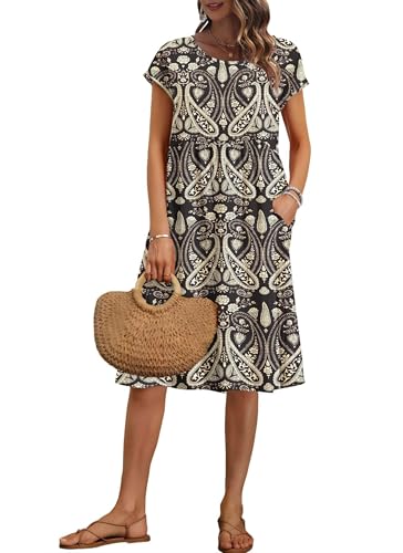 AUSELILY Damen Kurzarm Knielange Sommerkleider Sommer Lockeres Freizeitkleider Empire Kleider mit Taschen Boho-Blumenschwarz XL von AUSELILY