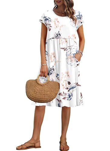 AUSELILY Damen Kurzarm Knielange Sommerkleider Sommer Lockeres Freizeitkleider Empire Kleider mit Taschen Blumenweiß L von AUSELILY