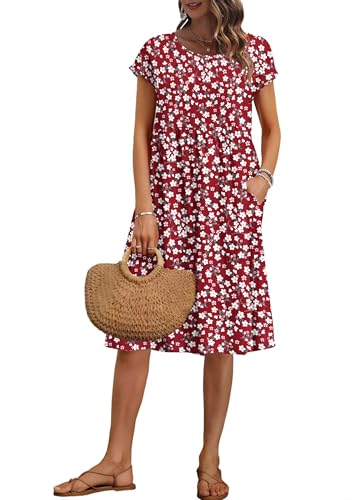 AUSELILY Damen Kurzarm Knielange Sommerkleider Sommer Lockeres Freizeitkleider Empire Kleider mit Taschen Kleine Rote Blumen M von AUSELILY
