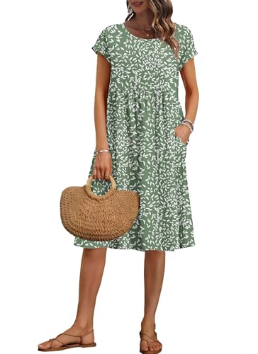 AUSELILY Damen Kurzarm Knielange Sommerkleider Sommer Lockeres Freizeitkleider Empire Kleider mit Taschen Olivgrünes Blatt XL von AUSELILY