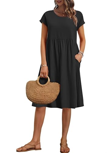 AUSELILY Damen Kurzarm Knielange Sommerkleider Sommer Lockeres Freizeitkleider Empire Kleider mit Taschen Schwarz XXL von AUSELILY