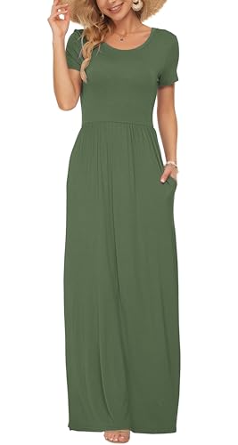 AUSELILY Damen Kurzarm Loose Casual Long Maxi Kleider mit Taschen(Armeegrün,Medium) von AUSELILY