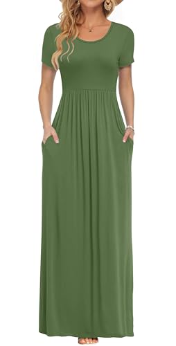 AUSELILY Damen Kurzarm Sommer Casual Long Maxi Kleider mit Taschen Armeegrün S von AUSELILY