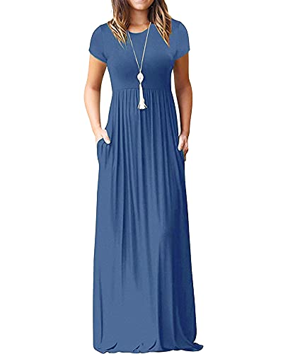 AUSELILY Damen Kurzarm Loose Casual Long Maxi Kleider mit Taschen(Beja Blue,Large) von AUSELILY