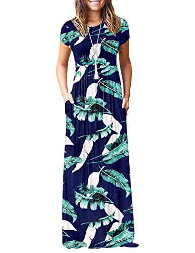 AUSELILY Damen Kurzarm Loose Casual Long Maxi Kleider mit Taschen(Blau Drucken,Small) von AUSELILY