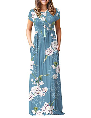 AUSELILY Damen Kurzarm Loose Casual Long Maxi Kleider mit Taschen(Blumen hellblau,X-Large) von AUSELILY