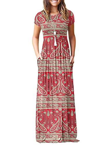 AUSELILY Damen Kurzarm Loose Casual Long Maxi Kleider mit Taschen(Boho Floral Red,Large) von AUSELILY