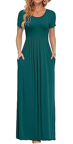 AUSELILY Damen Kurzarm Loose Casual Long Maxi Kleider mit Taschen(Dunkelgrün,Medium) von AUSELILY