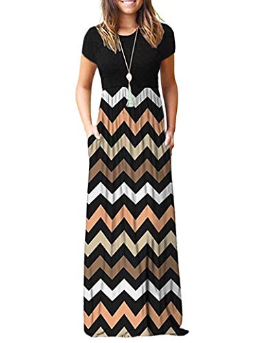 AUSELILY Damen Kurzarm Loose Casual Long Maxi Kleider mit Taschen(Gestreift Schwarz,Medium) von AUSELILY