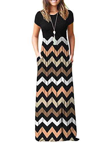 AUSELILY Damen Kurzarm Sommer Casual Long Maxi Kleider mit Taschen Gestreift Schwarz S von AUSELILY