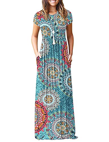 AUSELILY Damen Kurzarm Loose Casual Long Maxi Kleider mit Taschen(Grün Drucken,Large) von AUSELILY