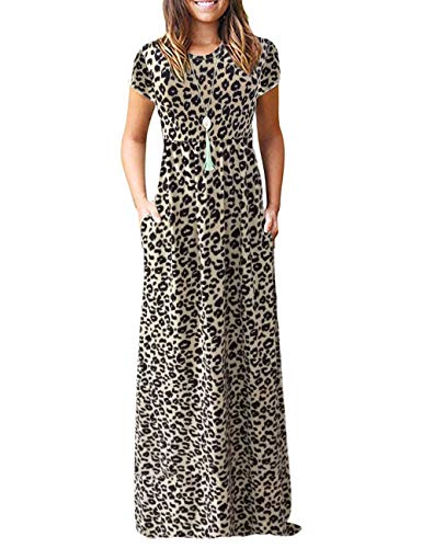 AUSELILY Damen Kurzarm Sommer Casual Long Maxi Kleider mit Taschen Leopard M von AUSELILY