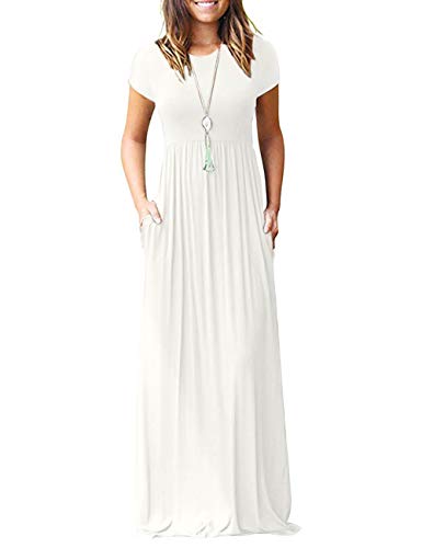 AUSELILY Damen Kurzarm Loose Casual Long Maxi Kleider mit Taschen(Weiß,Small) von AUSELILY