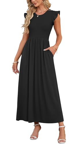 AUSELILY Damen Kurzarm Loose Hohe Taille Long Maxi Kleider mit Taschen Rundhalsausschnitt Eleganter Abendkleider Schwarzes XL von AUSELILY