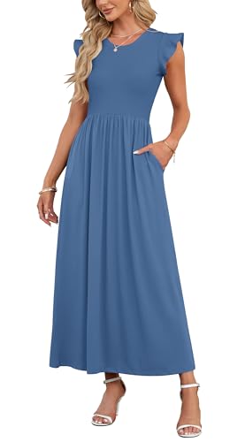 AUSELILY Damen Kurzarm Loose Hohe Taille Long Maxi Kleider mit Taschen Rundhalsausschnitt Sommer Eleganter Abendkleider (Blau Beja,XL) von AUSELILY