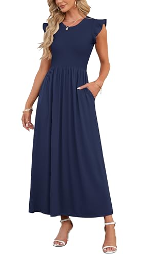 AUSELILY Damen Kurzarm Loose Hohe Taille Long Maxi Kleider mit Taschen Rundhalsausschnitt Sommer Eleganter Abendkleider (Blau Navy,XL) von AUSELILY