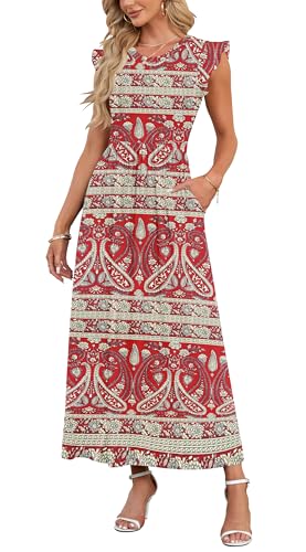 AUSELILY Damen Kurzarm Plissee Lässige Blumen Maxikleider mit Taschen Rundhalsausschnitt Freizeit Strandkleid Locker Rot Böhmen XXL von AUSELILY