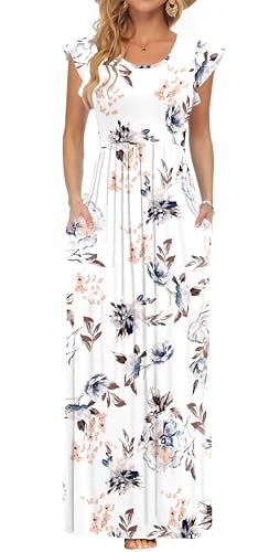 AUSELILY Damen Kurzarm Plissee Lässige Blumen Maxikleider mit Taschen Rundhalsausschnitt Freizeit Weiß Strandkleid Locker Large von AUSELILY