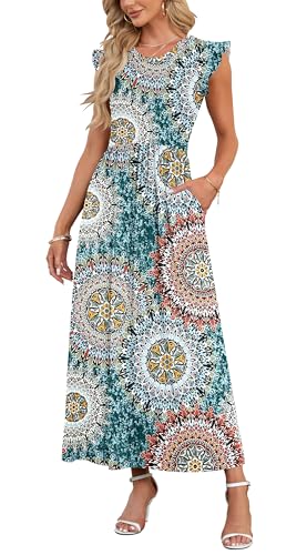 AUSELILY Damen Kurzarm Plissee Lässige Boho Blumen Maxikleider mit Taschen Rundhalsausschnitt Freizeit Strandkleid (Grün gedruckt,XXL) von AUSELILY