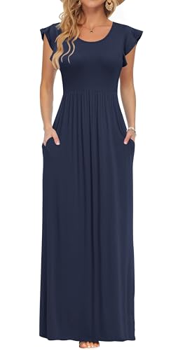 AUSELILY Damen Kurzarm Plissee Lässige Maxikleider mit Taschen Rundhalsausschnitt Sommer Freizeit Blau Strandkleid Large Navy von AUSELILY