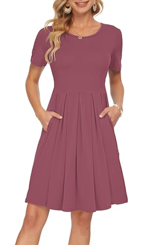 AUSELILY Kleider Damen Sommerkleid Blusenkleid A Linie Freizeitkleid Kurzarm Plissee Loose Swing Knielang Mauve S von AUSELILY