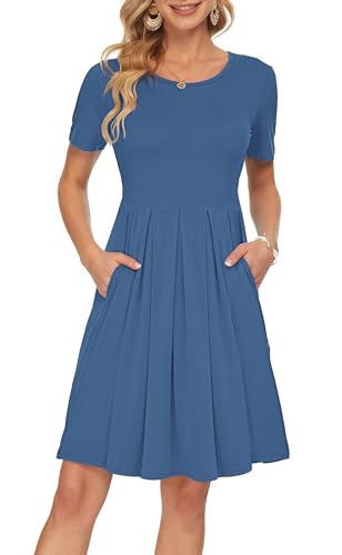 AUSELILY Shirtkleid Damen Kurzarm Plissee Loose Swing Freizeitkleid mit Taschen Knielang Beja Blue L von AUSELILY