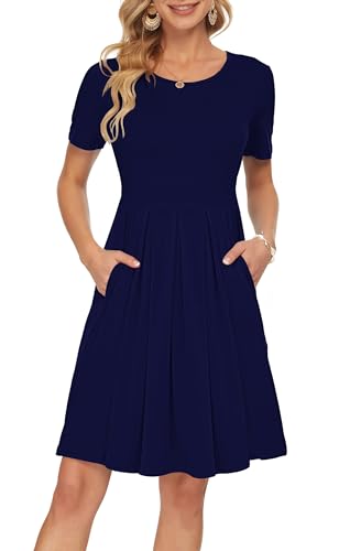 AUSELILY Shirtkleid Damen Kurzarm Plissee Loose Swing Freizeitkleid mit Taschen Knielang Navy Blau XL von AUSELILY