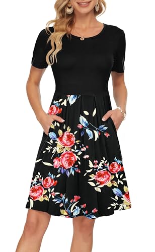 AUSELILY Damen Kurzarm Plissee Loose Swing Freizeitkleid mit Taschen Knielang(Schwarze Rose Schwarz,36-38) von AUSELILY