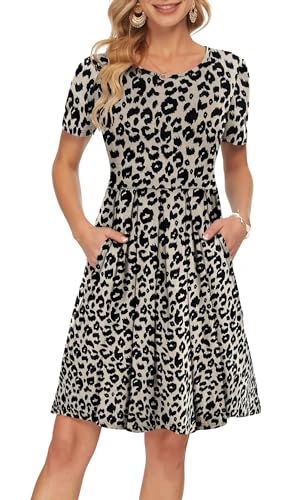 AUSELILY Damen Kurzarm Plissee Loose Swing Freizeitkleid mit knielangen Taschen(Leopard,2XL) von AUSELILY