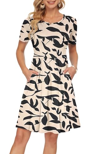 AUSELILY Damen Kurzarm Plissee Loose Swing Freizeitkleid mit knielangen Taschen Aprikose Black Leaf XL von AUSELILY