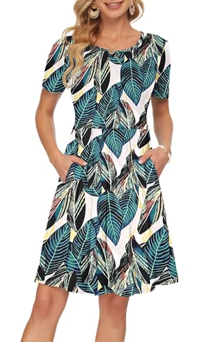 AUSELILY Damen Kurzarm Plissee Loose Swing Freizeitkleid mit knielangen Taschen Blatt Abdruck L von AUSELILY