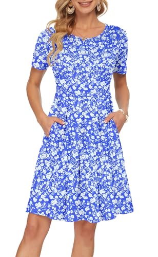 AUSELILY Damen Kurzarm Plissee Loose Swing Freizeitkleid mit knielangen Taschen Blaue Blumen S von AUSELILY