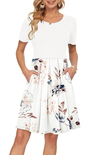 AUSELILY Damen Kurzarm Plissee Loose Swing Freizeitkleid mit knielangen Taschen Blumiges Weiß M von AUSELILY