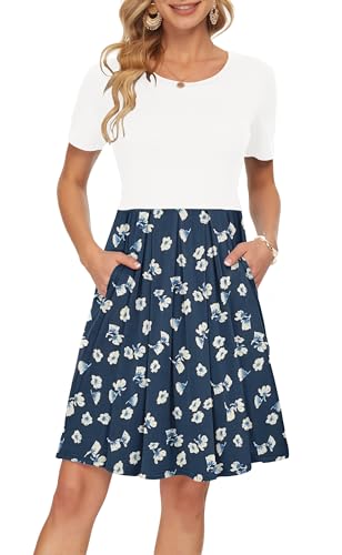 AUSELILY Damen Kurzarm Plissee Loose Swing Freizeitkleid mit knielangen Taschen Floral Marineblau Weiß L von AUSELILY