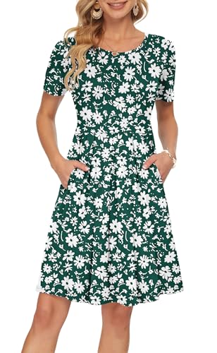 AUSELILY Damen Kurzarm Plissee Loose Swing Freizeitkleid mit knielangen Taschen Grüne Blumen XL von AUSELILY