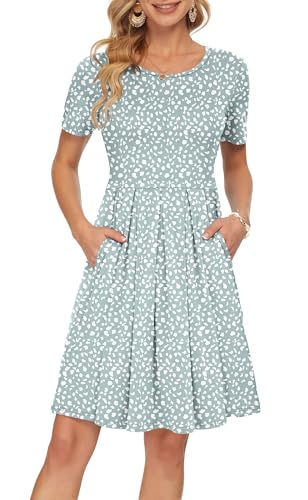 AUSELILY Damen Kurzarm Plissee Loose Swing Freizeitkleid mit knielangen Taschen Grünes Hufeisen L von AUSELILY