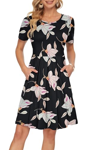 AUSELILY Damen Kurzarm Plissee Loose Swing Freizeitkleid mit knielangen Taschen Prunkwinde 2XL von AUSELILY
