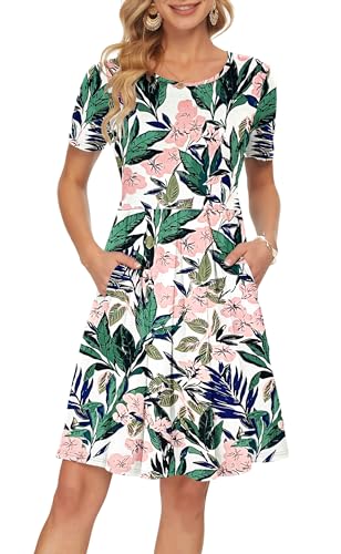 AUSELILY Damen Kurzarm Plissee Loose Swing Freizeitkleid mit knielangen Taschen Rosa grüne Blumen M von AUSELILY