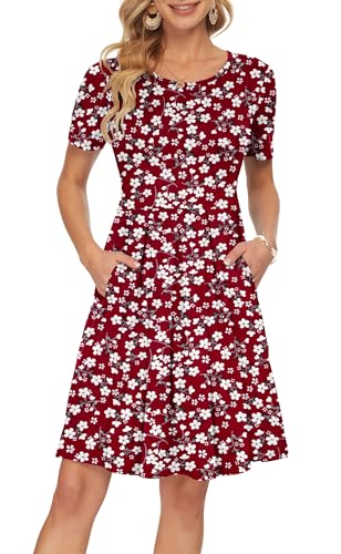 AUSELILY Damen Kurzarm Plissee Loose Swing Freizeitkleid mit knielangen Taschen Rote Blumen XL von AUSELILY
