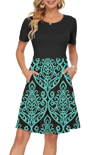 AUSELILY Damen Kurzarm Plissee Loose Swing Freizeitkleid mit knielangen Taschen Schwarz Grün L von AUSELILY