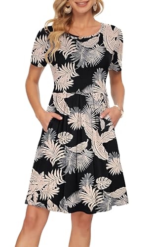 AUSELILY Damen Kurzarm Plissee Loose Swing Freizeitkleid mit knielangen Taschen Tropischer Regenwald XL von AUSELILY